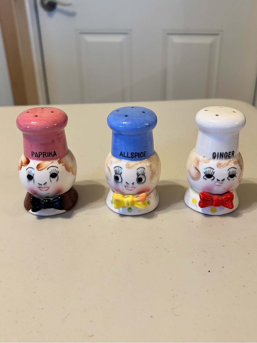 Vintage Ceramic Character Spice Shaker Set - Pink, Blue, White